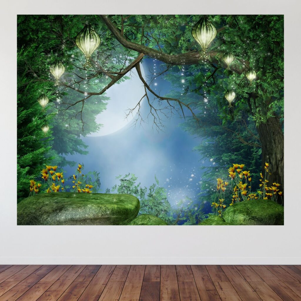 Kids fairy garden party backdrop displayed on a wall, promoting Inspired Party Backdrops shop.