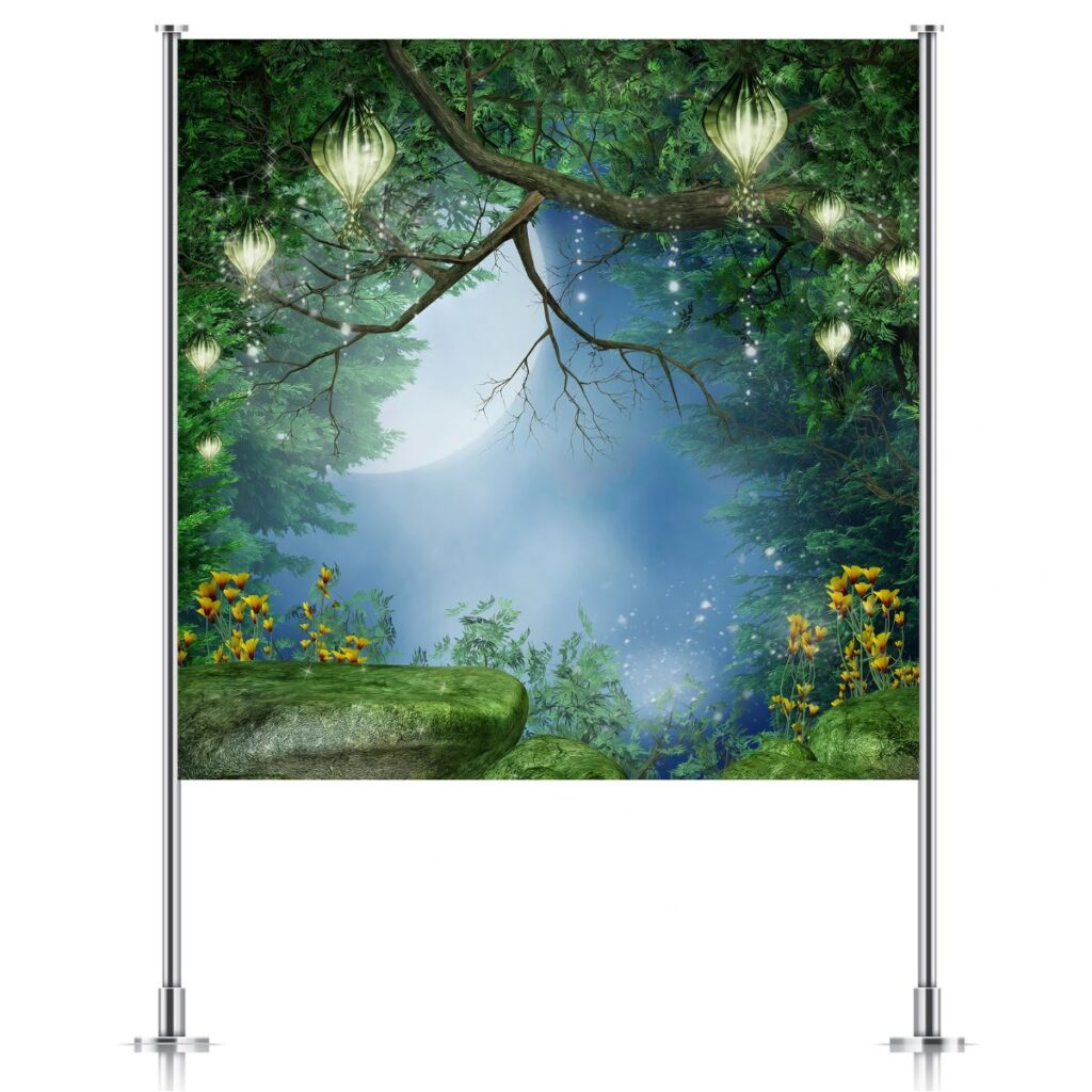Kids fairy garden party backdrop on a stand, promoting Inspired Party Backdrops shop.