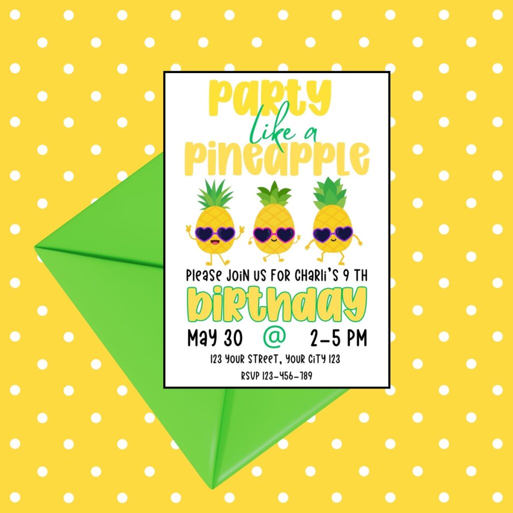 Kids pineapple party invitation with green envelope promoting Inspired Party Design shop.