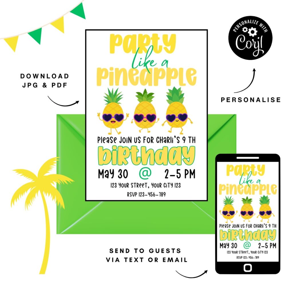 Kids pineapple party invitation displayed on a mobile device promoting Inspired Party Design shop.