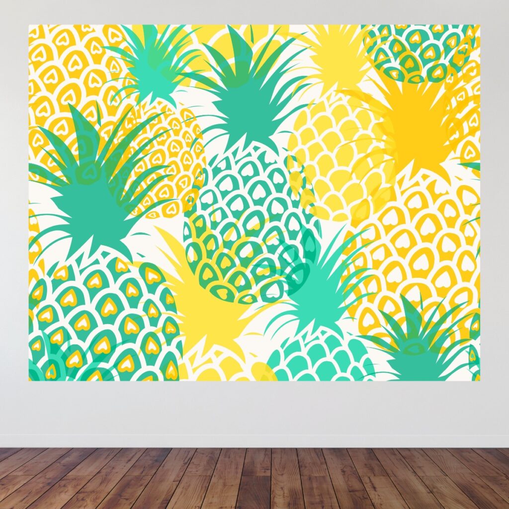 Pineapple party backdrop displayed on a wall promoting Inspired Party Backdrops.