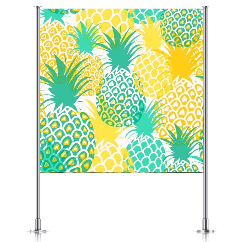 Pineapple party backdrop on a stand promoting Inspired Party Backdrops shop.