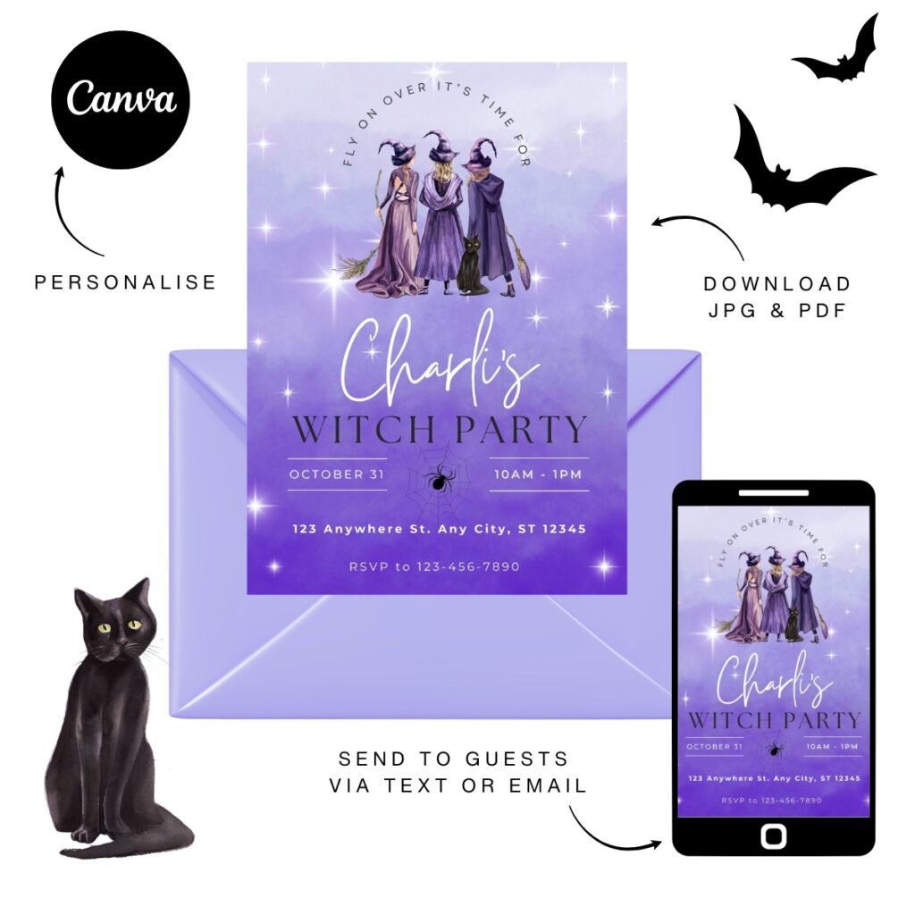 Purple witch party invitation featuring three witches, paired with a purple envelope and displayed on a mobile device.