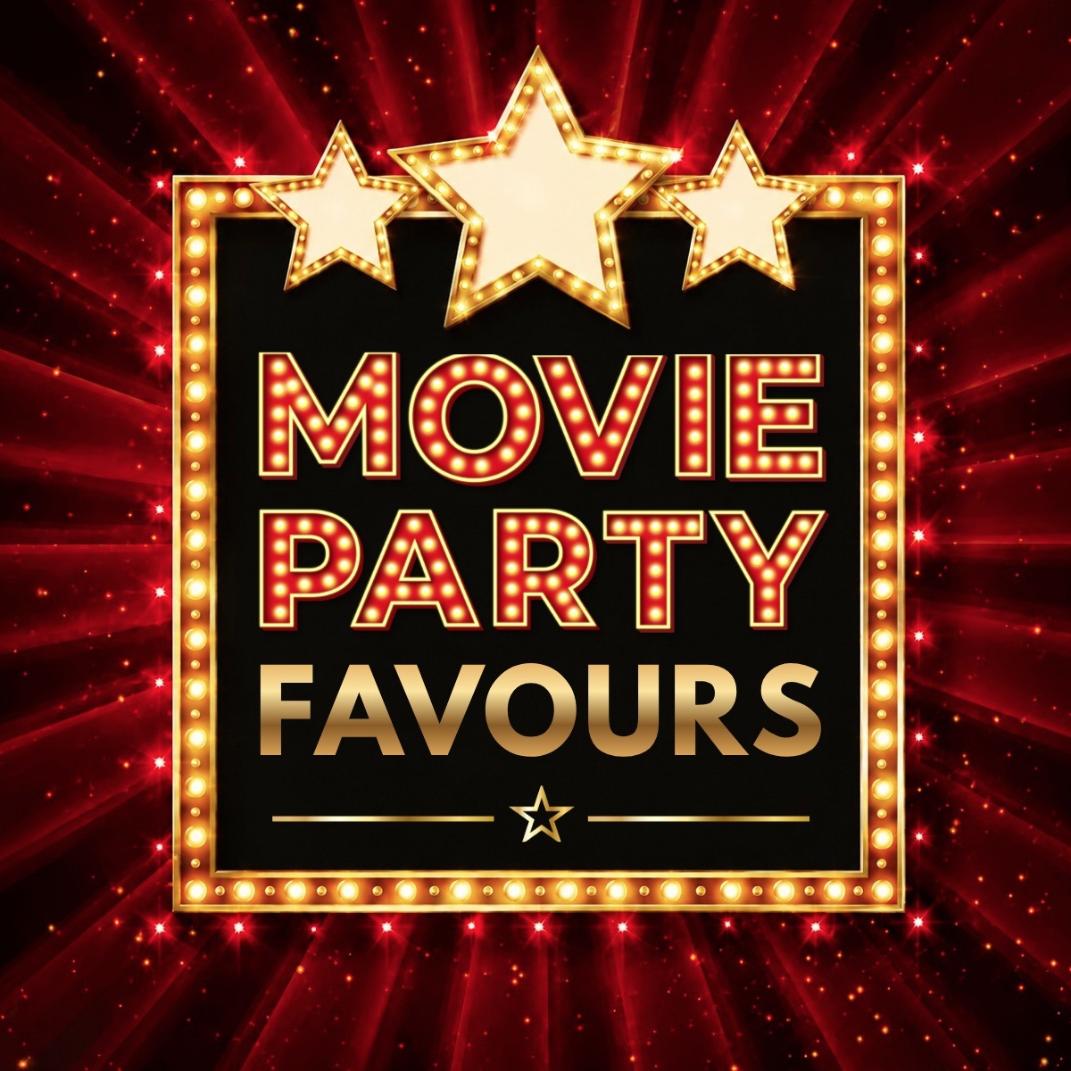 Movie party favours sign with glowing gold marquee stars and a red cinema-style backdrop.